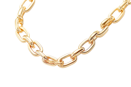 Close-up of a gold chain necklace, isolated on transparent background, showcasing its luxurious and elegant design.