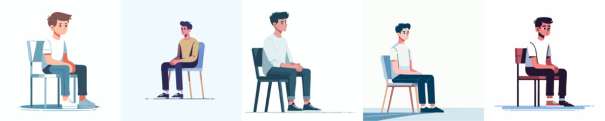 Flat Vector Set of Young Men Sitting Calmly – Minimal Modern Style for Editorial, UI, and Mindfulness Concepts