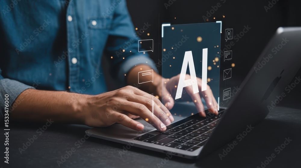 Aufkleber person working on a laptop with an artificial intelligence interface.