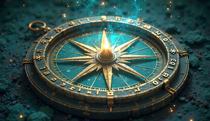 Obraz premium Celestial Compass with Rotating Magical Glyphs on Dark Teal Background, Enchanted Navigation Artifact