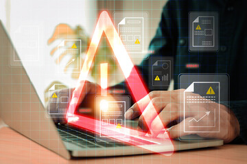 Hand and warning caution 404 page not found error system or problem computer network or firewall...