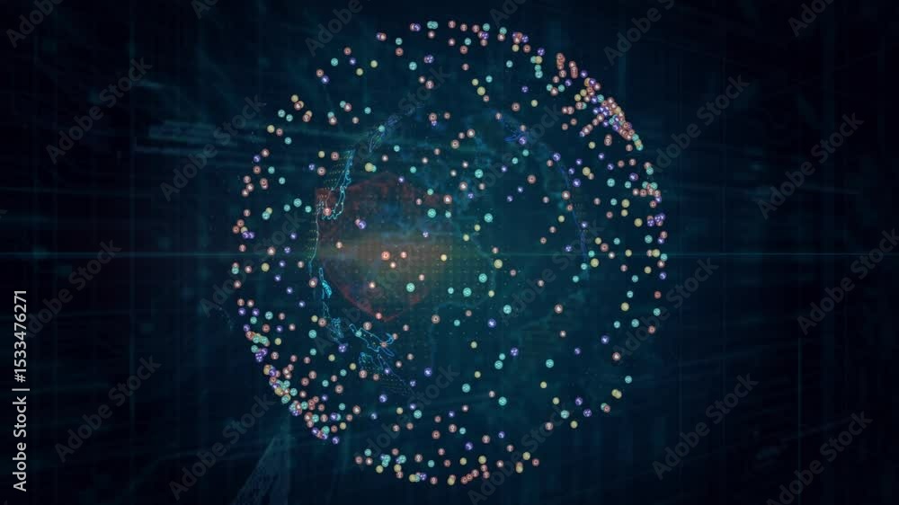 Poster upon loading digital globe spinning and revealing pulsing nodes while shield filling securing data