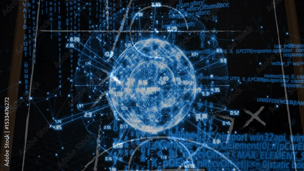 Aufkleber on start 3d globe rotating with floating numeric labels, emerging mesh and code blocks showing data
