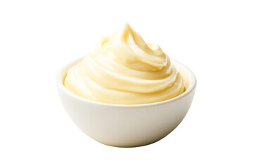 Creamy mayonnaise swirls in a white bowl, isolated on transparent background, perfect for food blogs and recipe websites.