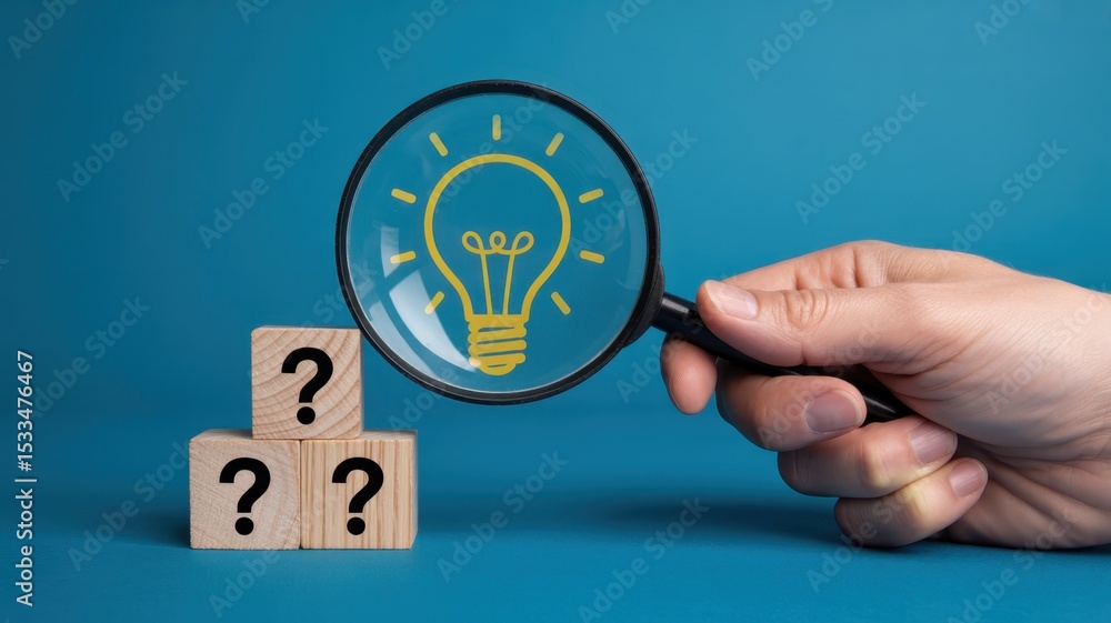 Poster wooden blocks with question marks and a magnifying glass focusing on a lightbulb image.