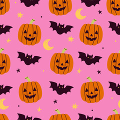 Simple seamless pattern with halloween pumpkins and bats. Vector graphics.