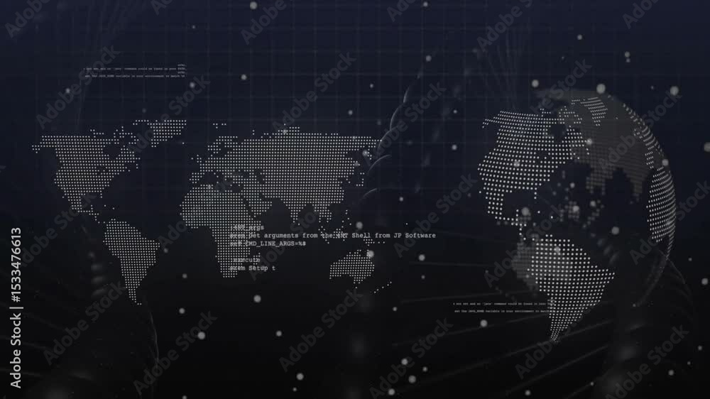 Fototapete Dark UI rendering map fading and globe rotating with code scrolling visualizing network links