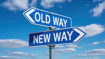 Two directional signs indicating old way and new way against a clear sky.