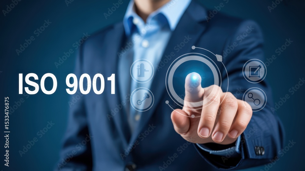 Poster businessman interacting with a touch screen interface displaying iso 9001.