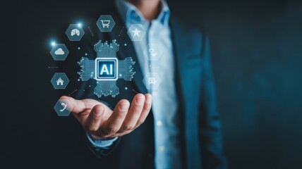 Hand displaying an artificial intelligence icon surrounded by digital interface elements.
