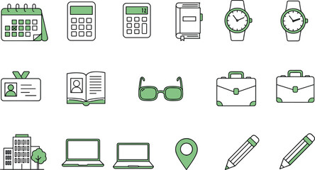  Business and office icon collection including calendar, calculator, notebook, wristwatch, laptop, briefcase, pencil, location pin, ID badge, glasses, vector flat icon design

flat vector illustration