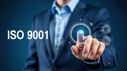 Businessman interacting with a touch screen interface displaying iso 9001.