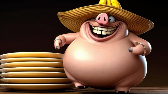 Playful Pig with Stacked Plates: A cartoon pig, radiating charm, dons a sombrero and beams with joy beside a stack of inviting plates, creating a whimsical tableau.
