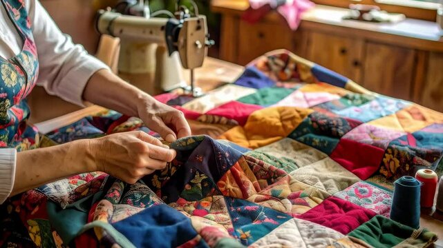 Woman sews colorful patchwork quilt at wooden table, vintage sewing machine and spools of thread are visible in a bright room.