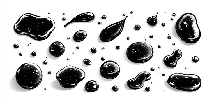 Collection of various-sized dark liquid droplets, splatters, and puddles on a white background, showcasing texture and reflectivity