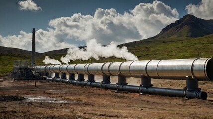 Geothermal power plant with steam rising from a circular hot water source, surrounded by metal pipes and equipment in a dry, mountainous landscape