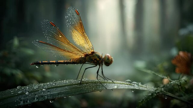 A vibrant dragonfly resting on a fresh green leaf with dew drops in a forest setting.