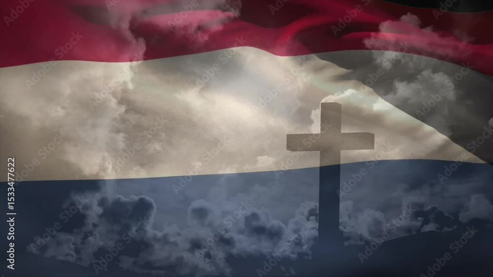 Poster on loop start flag stripes rippling around cross silhouette while clouds drifting symbolizing unity