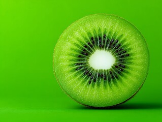 Kiwi slice on vivid green background, Fresh and healthy tropical fruit, Minimal design for food and diet concept
