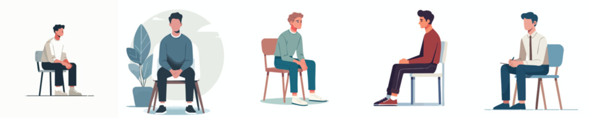 Modern Flat Design Set of Men Sitting – Calm and Thoughtful Male Characters for Editorial and Business Use