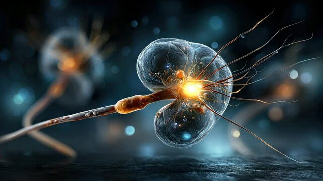 Abstract depiction of a neuron with glowing elements for educational and visual contexts.