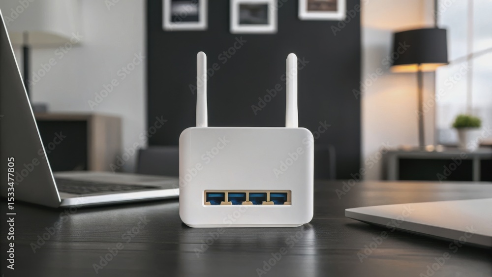 Aufkleber wifi extender concept. wireless router on desk with laptops in a modern workspace.