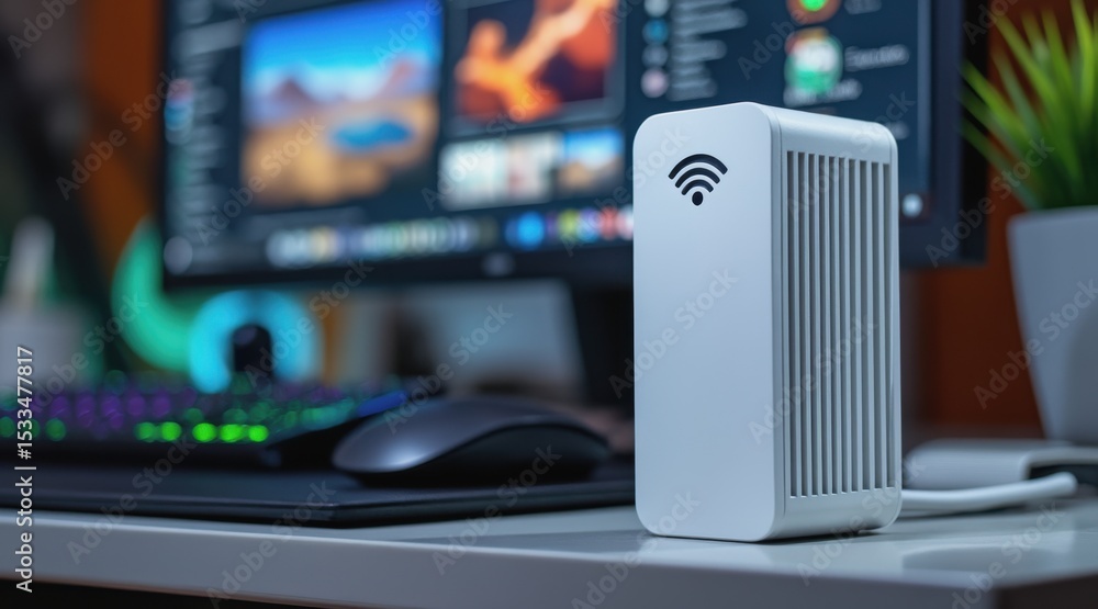 Poster wifi extender concept. modern desktop setup featuring a stylish router and computer monitor.