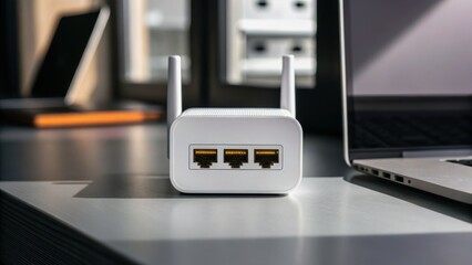 WiFi Extender concept. Modern wireless router on a desk next to a laptop and window.