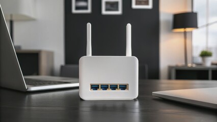 WiFi Extender concept. Wireless router on desk with laptops in a modern workspace.