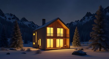 Modern Illuminated Wooden Cabin in Snowy Mountain Valley at Night – 3D Winter Nighttime Landscape Render