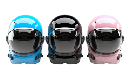Three Stylish Astronaut Helmets in Blue Pink and Black