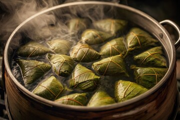Steaming pyramidal rice dumplings, nestled in leaves, simmering in a metallic pot, emitting fragrant steam