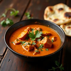 Close up of a bowl of butter chicken with naan bread on a wooden table