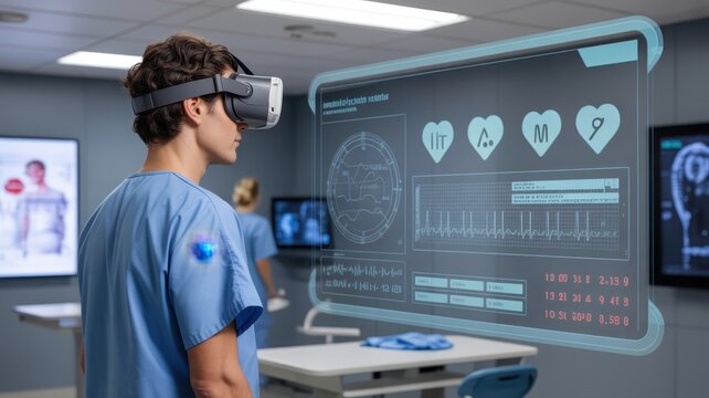 Medical professional using virtual reality headset in a hospital setting.