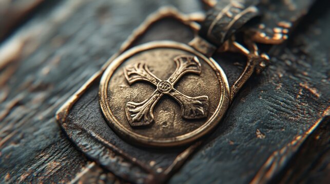 Close-up of an antique bronze cross pendant on weathered leather.