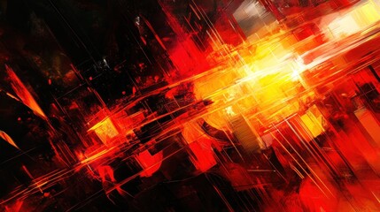 Fototapeta premium A bold, energetic abstract scene with sharp neon light streaks, digital grids, and glowing shapes in fiery reds, oranges, and yellows, cutting through the darkness