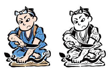 鰻をさばこうと包丁を向ける江戸の男性　カラー・線画セット