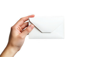 Fototapeta premium Hand holding white envelope invitation mail letter communication message delivery postal send receive isolated on transparent background