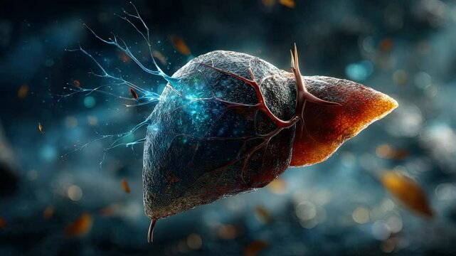 A detailed close-up of a stylized liver with glowing features on a dark background.