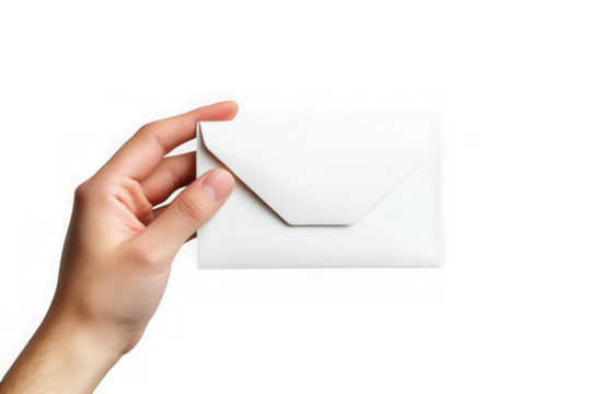 Hand holding white envelope invitation mail letter communication message delivery postal send receive isolated on transparent background