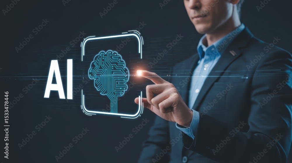Poster person interacting with a holographic representation of artificial intelligence.