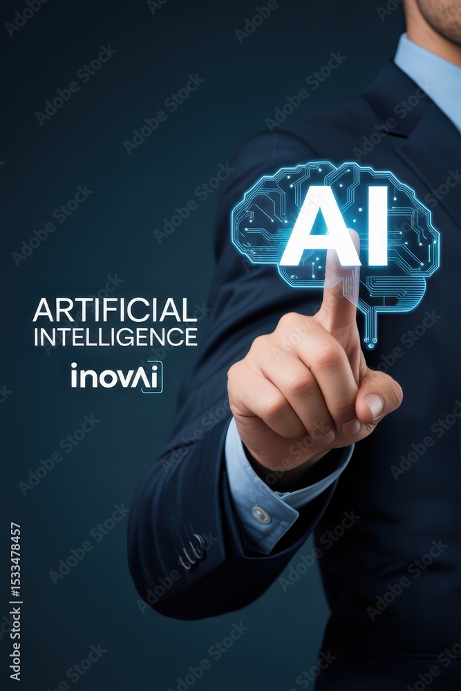 Poster a hand points to a graphic of artificial intelligence.