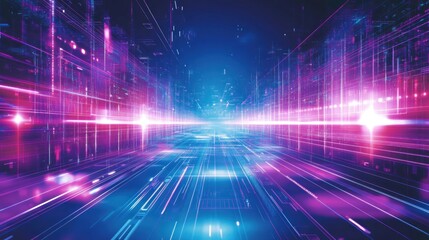 A bold futuristic scene with glowing light patterns and digital grids in shades of blue, purple, and electric pink, giving off a high-tech, cyberpunk vibe