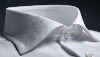 Crisp white collared shirt, close-up showcasing the meticulously tailored collar points and smooth fabric texture against a dark backdrop