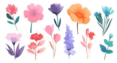 A collection of pastel-colored flowers, stylized with soft gradients and simple shapes, set against a white background