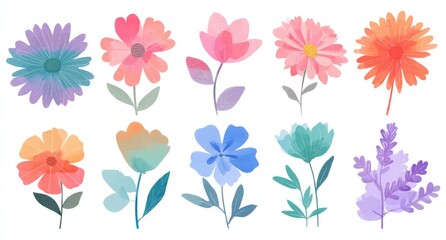 Ten pastel-hued stylized flower illustrations, diverse shapes & colors, simple stems & leaves, white background