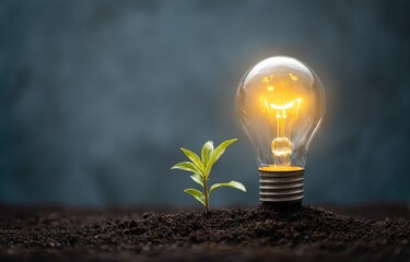 Glowing lightbulb and sprout emerge from dark soil against a moody backdrop, symbolizing growth and new ideas