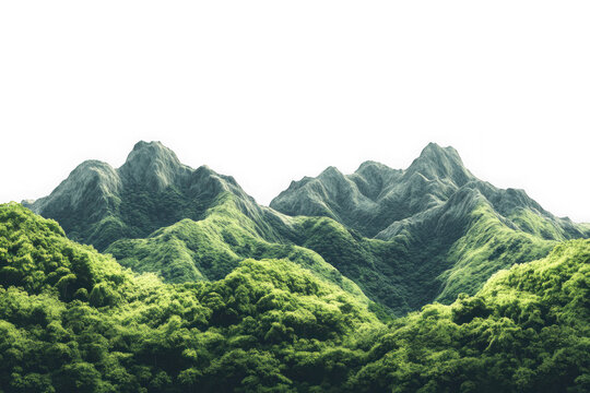 Lush green mountain range landscape png image for compositing and design projects, high resolution mountain peaks, hills, forests, transparent background isolated on transparent background