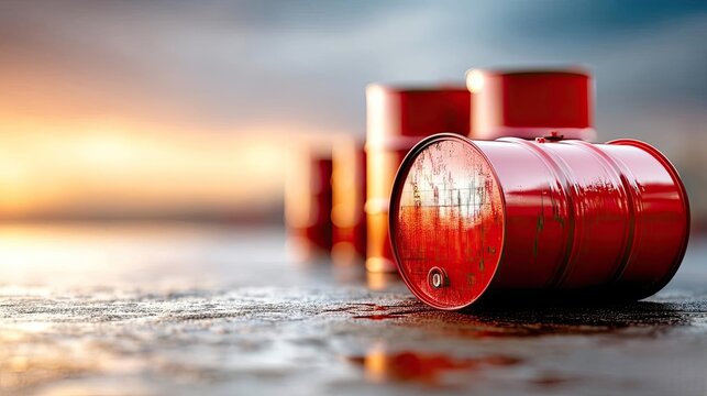 Oil price forecast and refinery from fossil market concept. Red oil barrels on wet surface during a dramatic sunset.