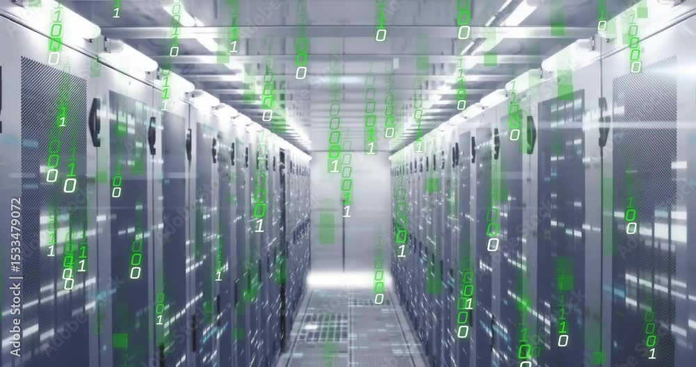 Poster rack indicator lights signaling data activation as binary digits streaming past server cabinets